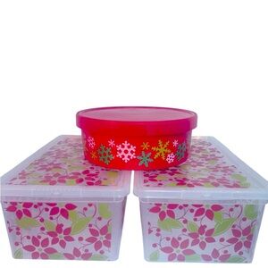 Two Festive Red & Green Poinsettia Clear Storage Xmas Containers & Red Round Box